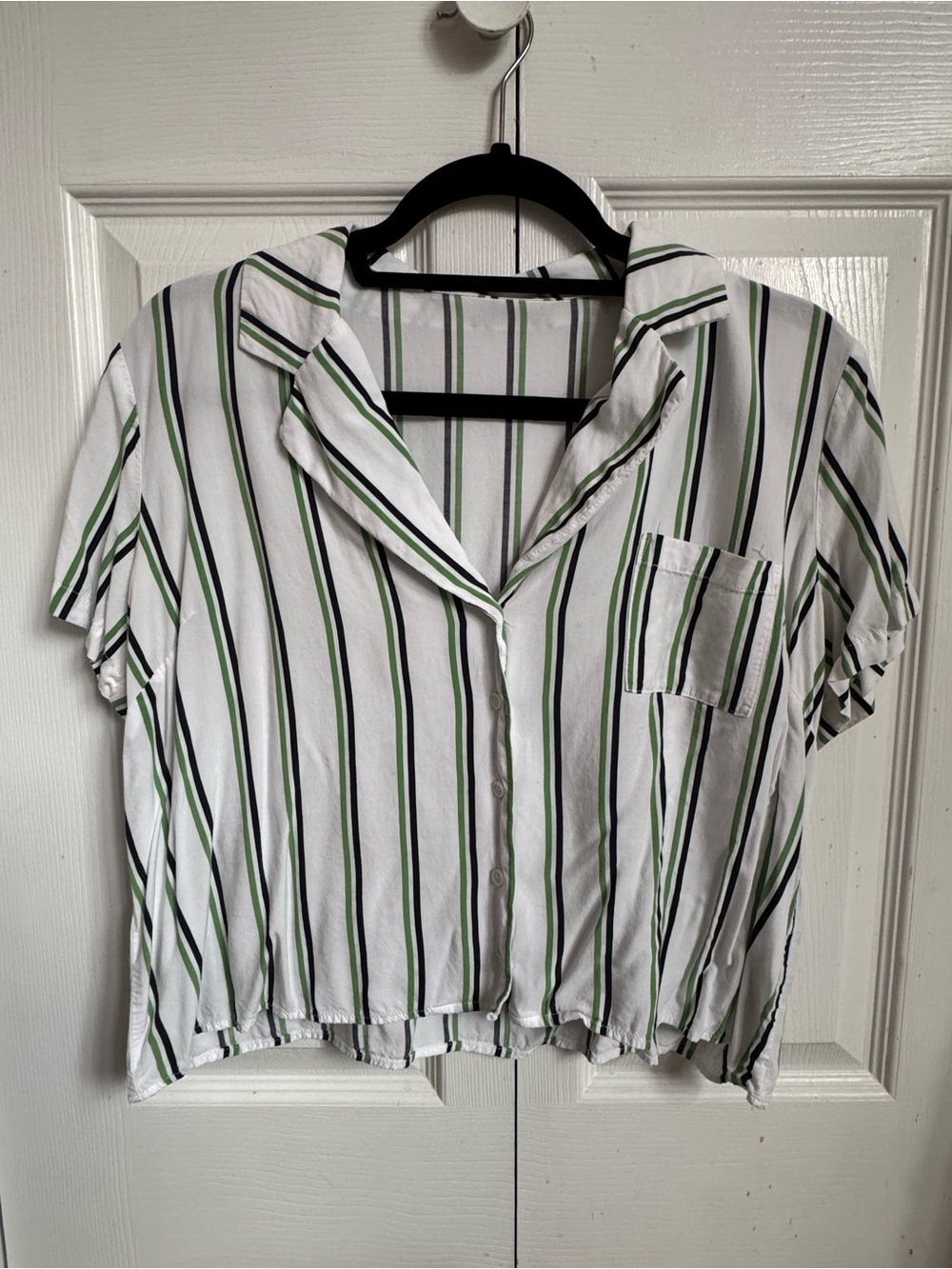 Striped Short Sleeve Button Front Top - White & Green